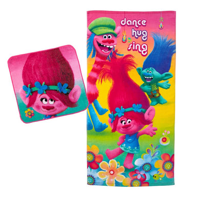 Trolls Kids Bath and Beach Towel with Washcloth Set, 50 in x 25 in