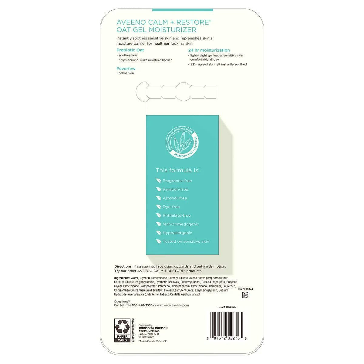 Aveeno Calm + Restore Oat Gel Facial Moisturizer for Sensitive Skin, 1.7 oz (Pack of 2)