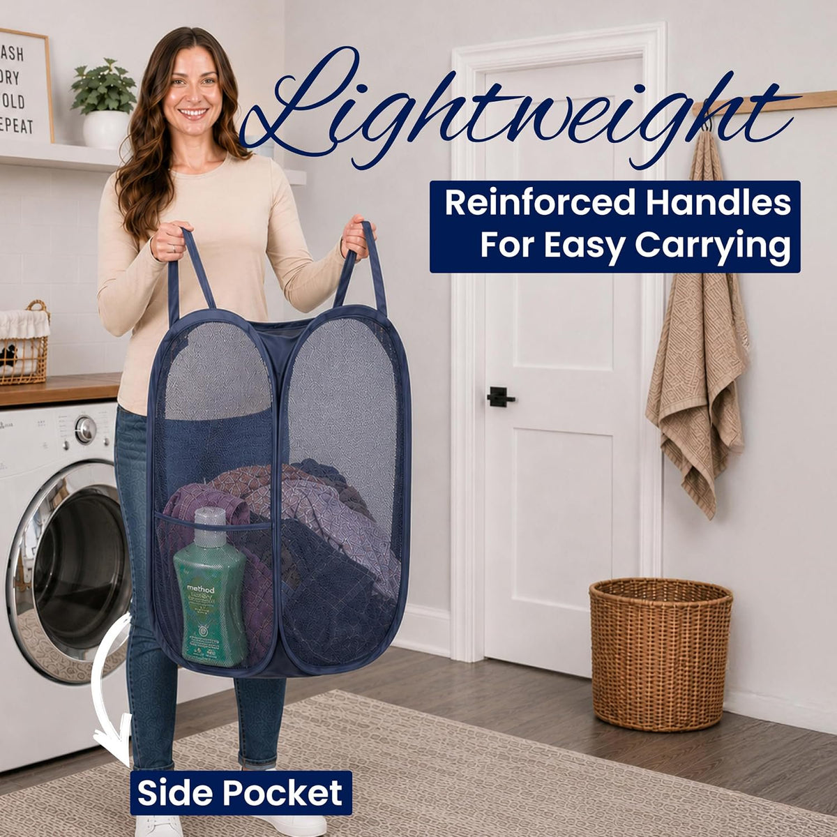 Todays Kids Collapsible Mesh Pop-Up Laundry Hamper - Foldable Laundry Basket with Breathable Mesh, Reinforced Handles and Side Pocket