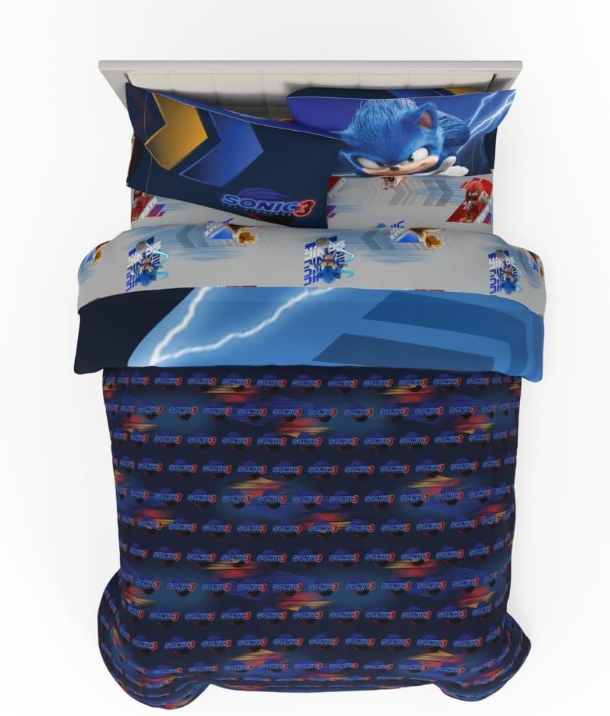 Franco Kids Sonic The Hedgehog 3 Movie Full Comforter and Sheets, 5 Piece Set