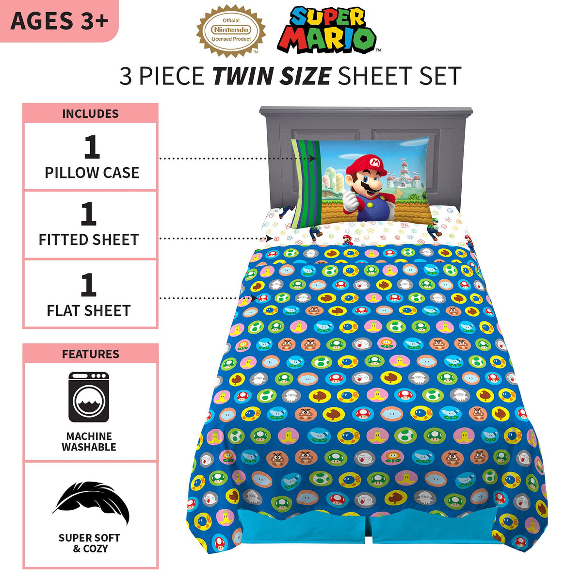 Franco Kids Bedding Super Mario Twin Size Sheet Set