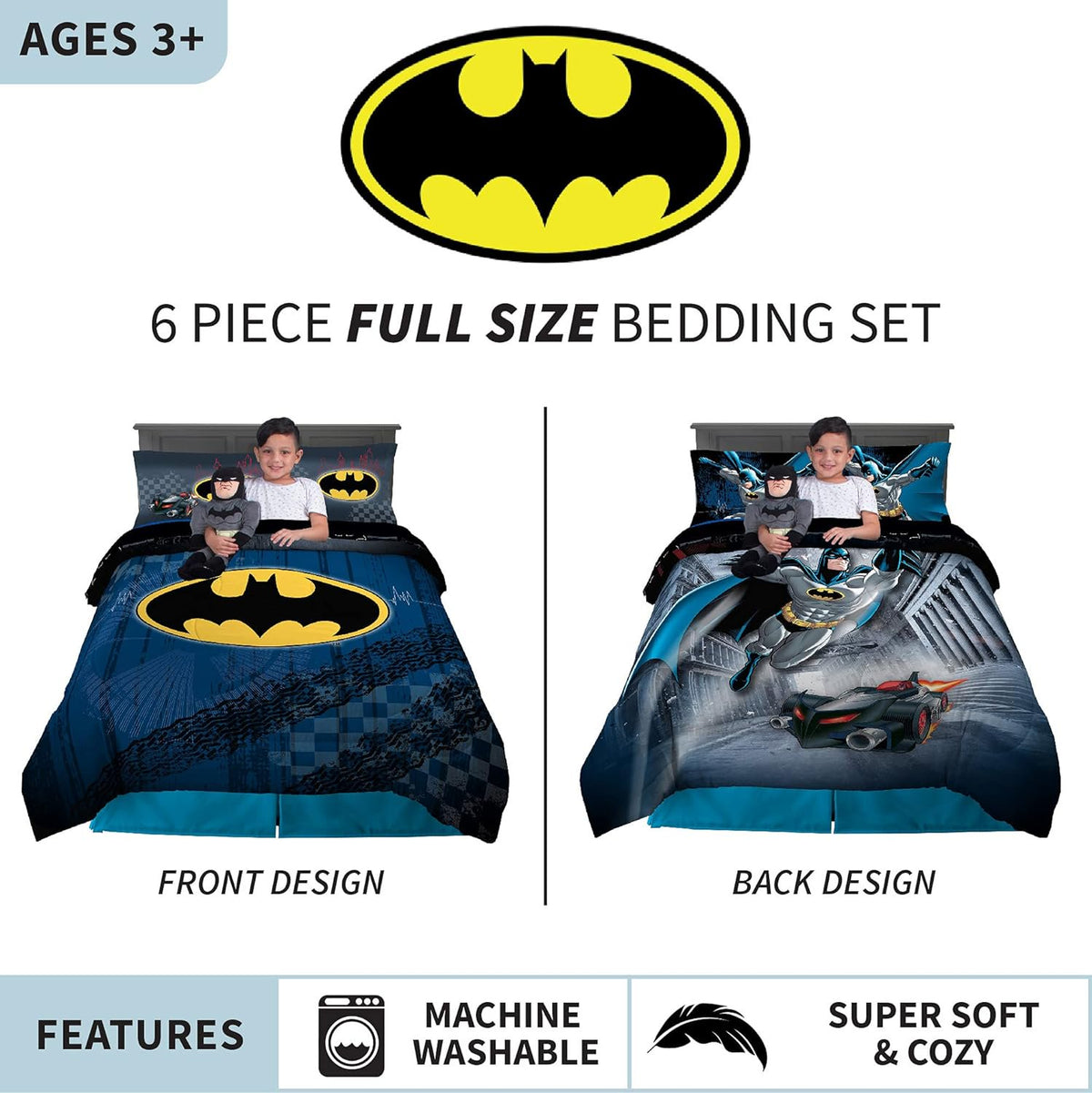 Batman 6 Piece Full Size Comforter with Sheets and Cuddle Pillow