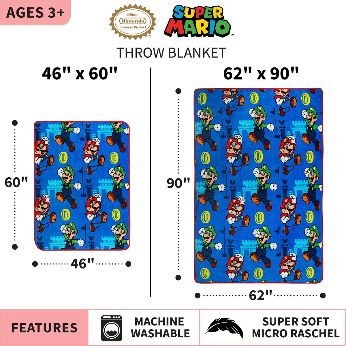 Franco Super Mario Soft Plush Throw Blanket, 62" x 90"