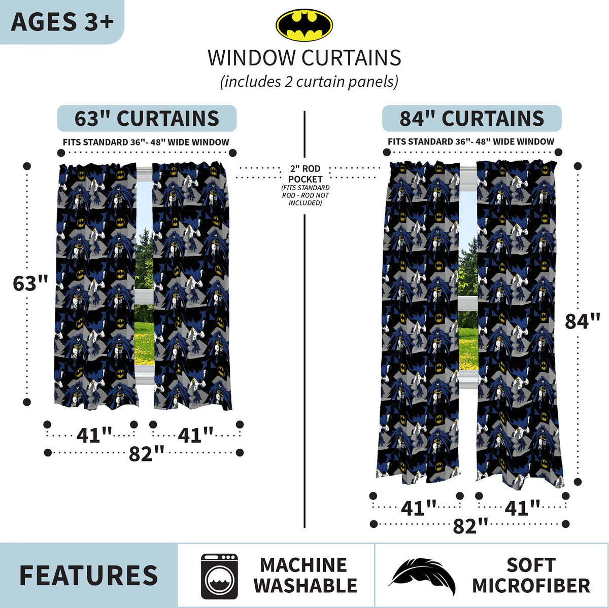 Franco Kids Batman Window Curtains Drapes Set, 82 in x 63 in