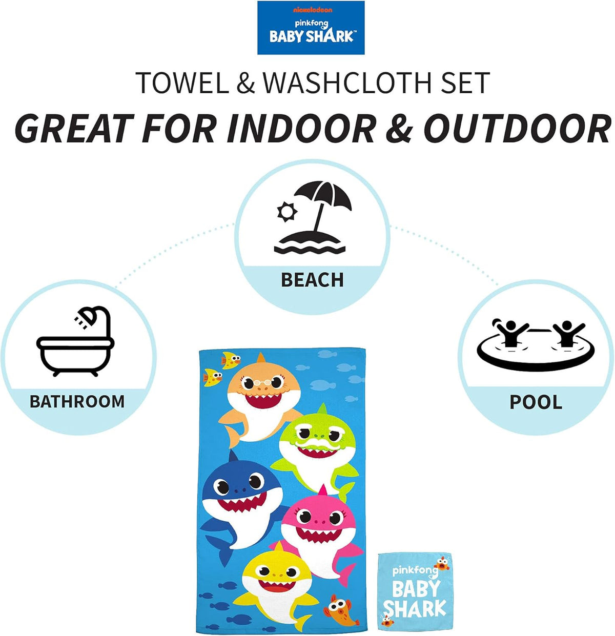 Franco Kids Baby Shark Bath & Beach Soft Cotton Terry Towel & Washcloth Set, 25" x 50"