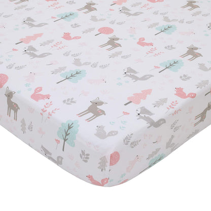 NoJo Sweet Forest Friends 4 Piece Crib Bedding Set -  Pink, Aqua, Grey & White