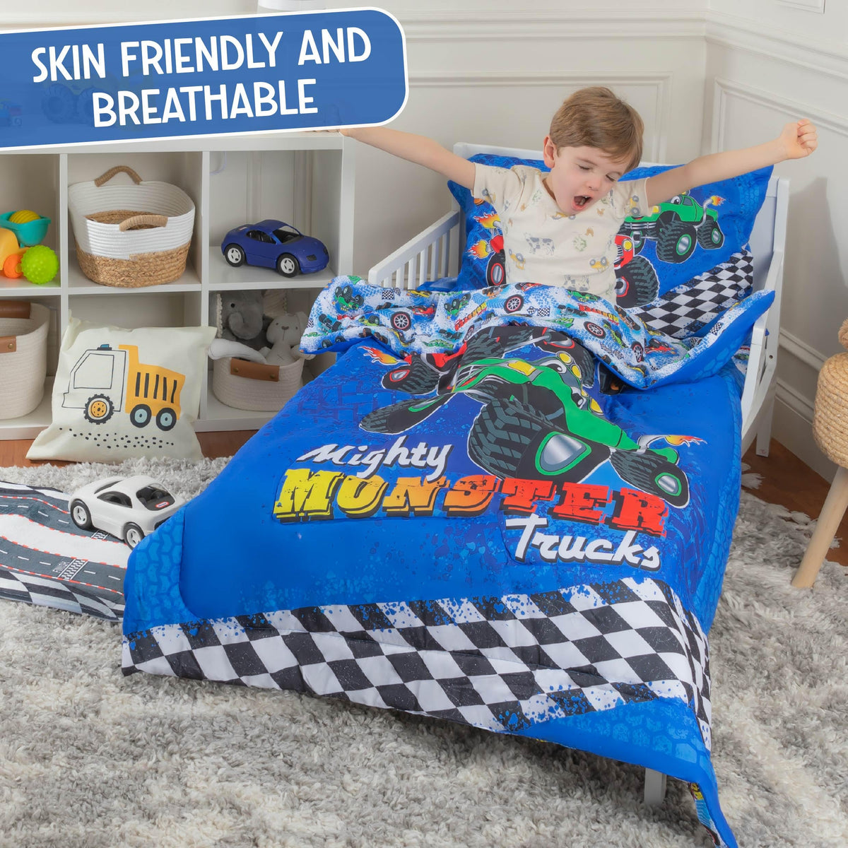 Todays Kids Monster Trucks Toddler Bedding Set for Boys - 4-Piece Toddler Bed Comforter Sets for Boys, Reversible Comforter & Pillowcase, Flat Sheet, Fitted Sheet, Breathable & Super Soft Microfiber
