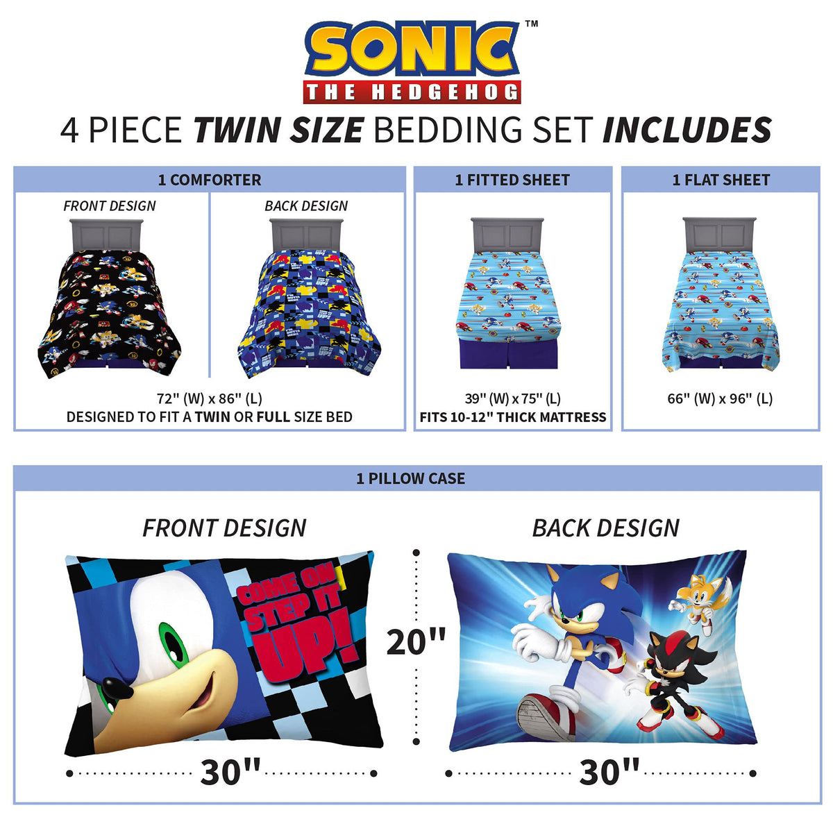 Franco Kids Sonic the Hedgehog 4 Piece Twin Comforter and Sheets Set