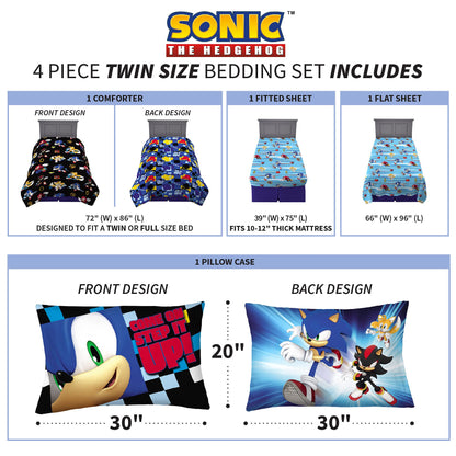 Franco Kids Sonic the Hedgehog 4 Piece Twin Comforter and Sheets Set