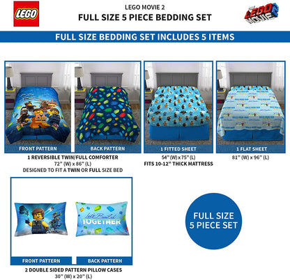 LEGO Movie 2 Kids Bedding Soft Microfiber Comforter and Sheet Set, Full Size 5 Piece Set