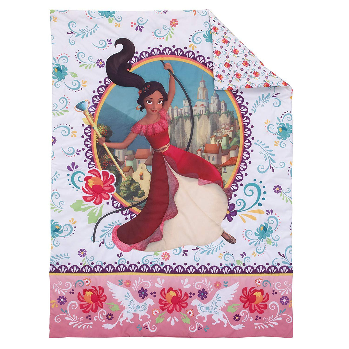 Disney Elena of Avalor Bold and Brave 4 Piece Toddler Bedding Set, Pink/Red/Turquoise/White
