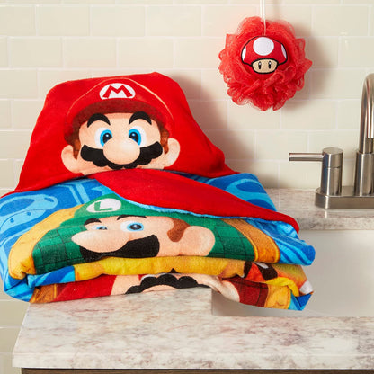 Franco Super Mario Kids Bath/Pool/Beach Soft Cotton Terry Hooded Towel Wrap and loofah Set, 24 in x 50 in