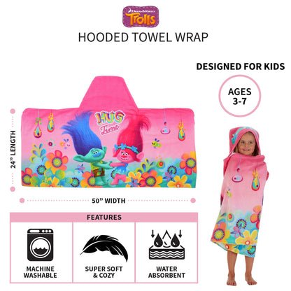 Trolls Bath/Pool/Beach Cotton Terry Hooded Towel Wrap, 24 In x 50 In