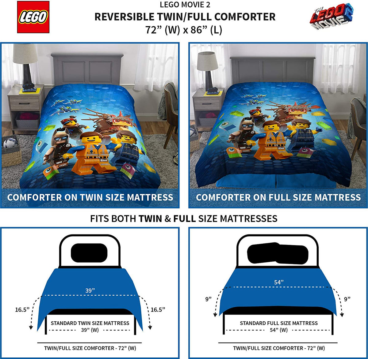 LEGO Movie 2 Kids Bedding Soft Microfiber Comforter and Sheet Set, Full Size 5 Piece Set