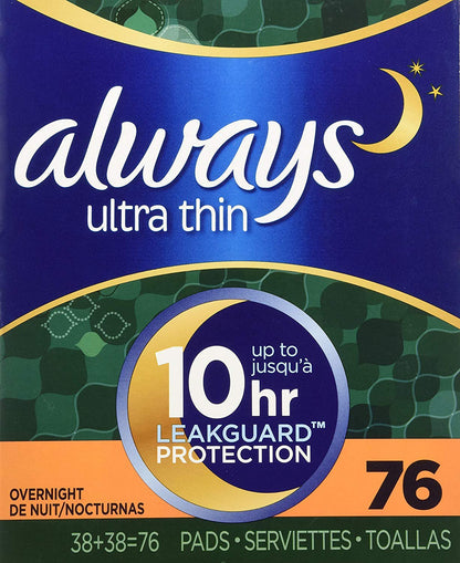Always Ultra Thin Overnight Pads With Wings, Unscented, 76 Count