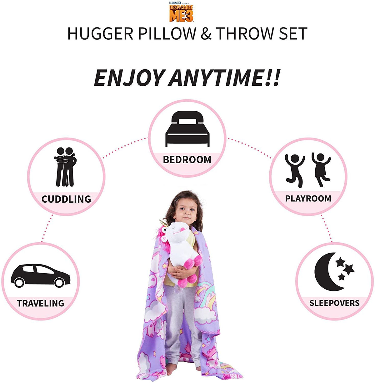 Despicable Me Kids Fluffy The Unicorn Fleece Throw and Character Hugger Pillow Set, 40" x 50"