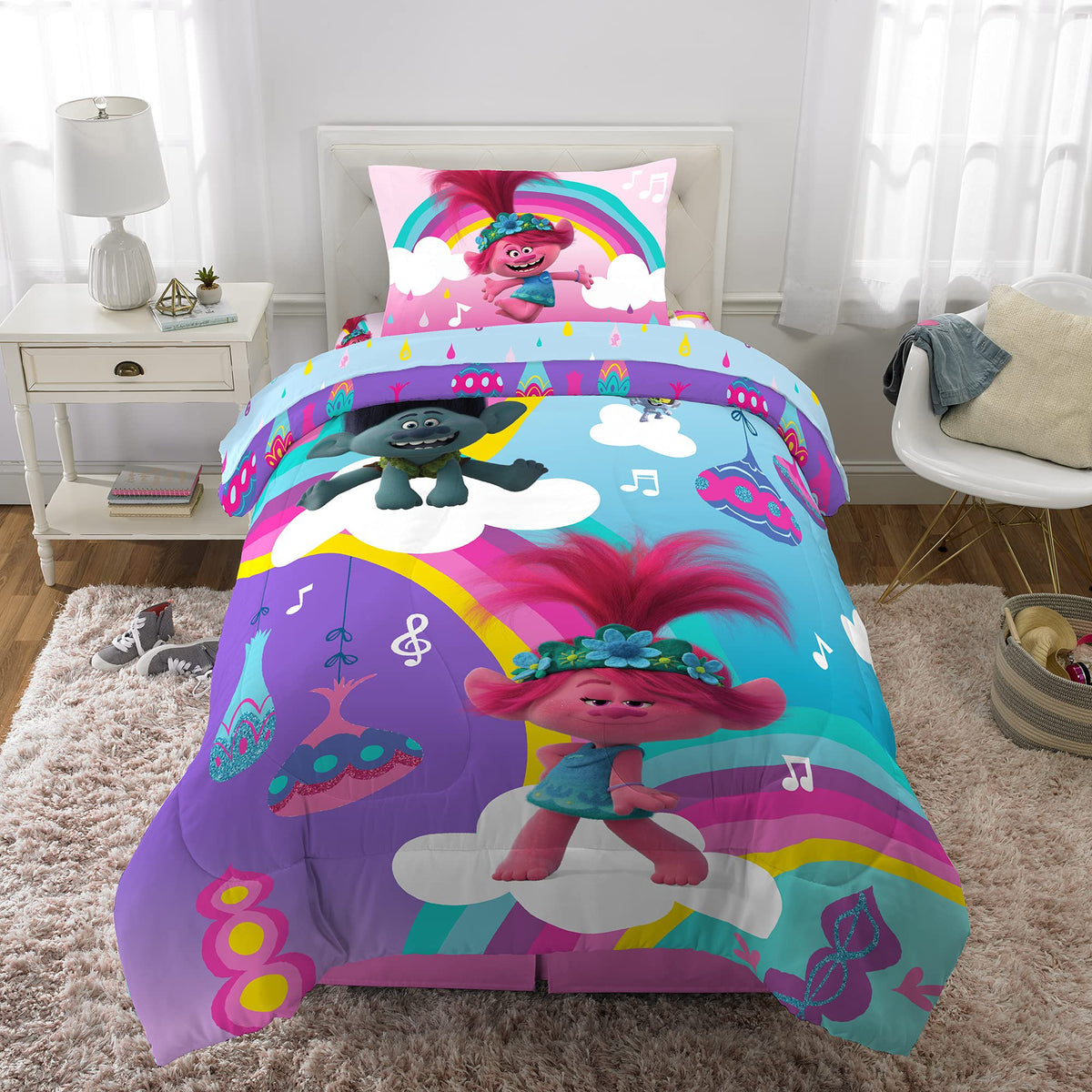 Franco Kids Bedding Trolls World Tour Twin Comforter & Sheet Set, 4 Piece Set