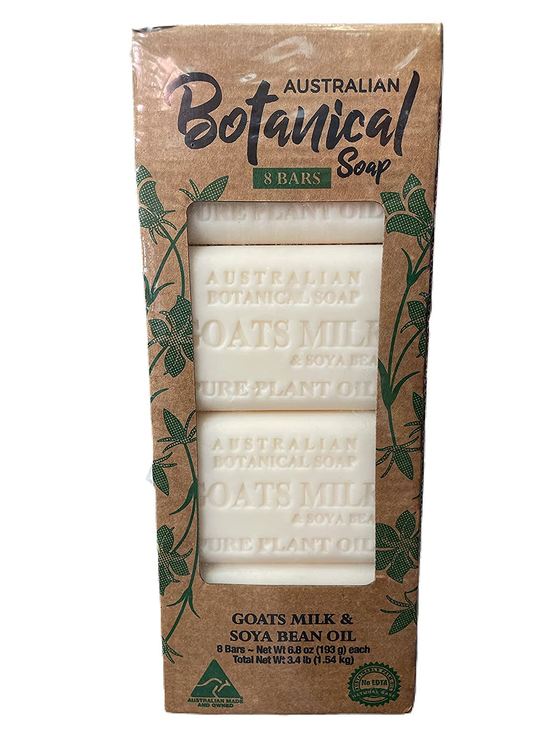 Australian Botanical Soap Bars , Goat's Milk with Soya Bean Oil Pure Plant Oil Soap, 6.8 oz. 193g Bars - 8 Count