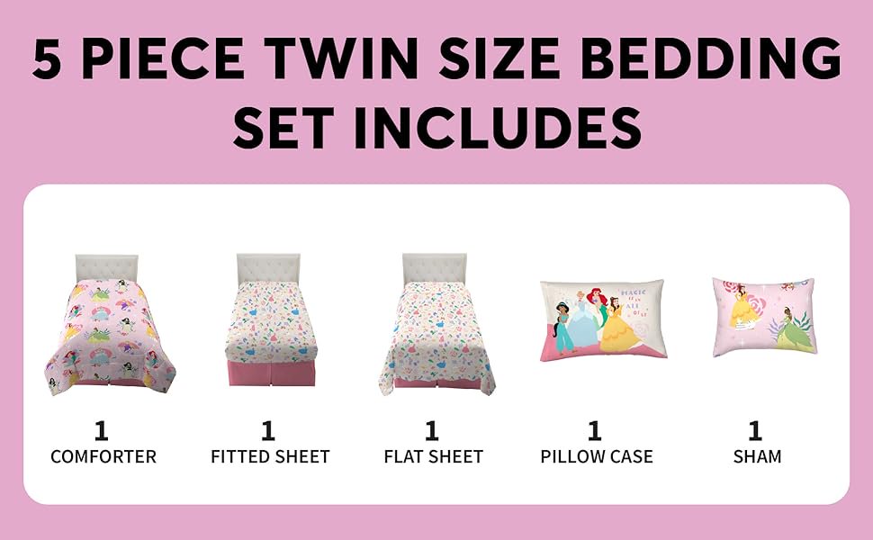 Disney Princess Kids Bedding Twin Comforter & Sheets, 4 Piece Set