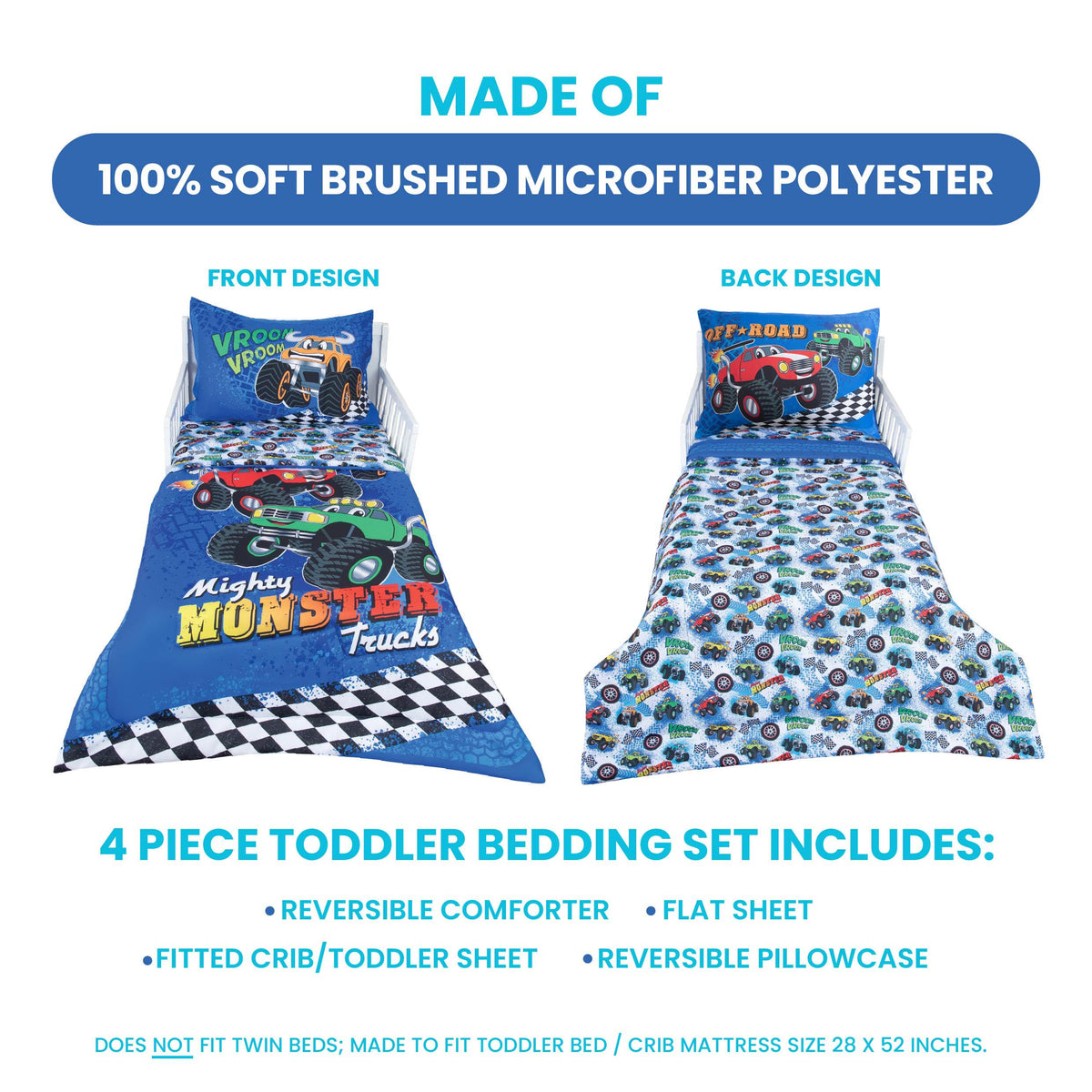 Todays Kids Monster Trucks Toddler Bedding Set for Boys - 4-Piece Toddler Bed Comforter Sets for Boys, Reversible Comforter & Pillowcase, Flat Sheet, Fitted Sheet, Breathable & Super Soft Microfiber