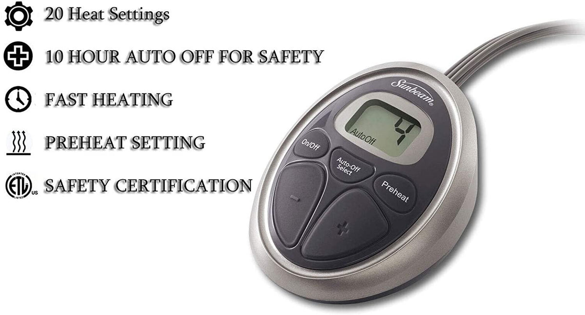 Sunbeam Electric Heated KING Mattress Pad Two Controllers, 20 Heat Settings And 100% Quilted Cotton Topper, KING