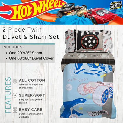 Franco Hot Wheels Kids Premium Organic Cotton 2 Pc Twin Size Duvet Cover with Sham