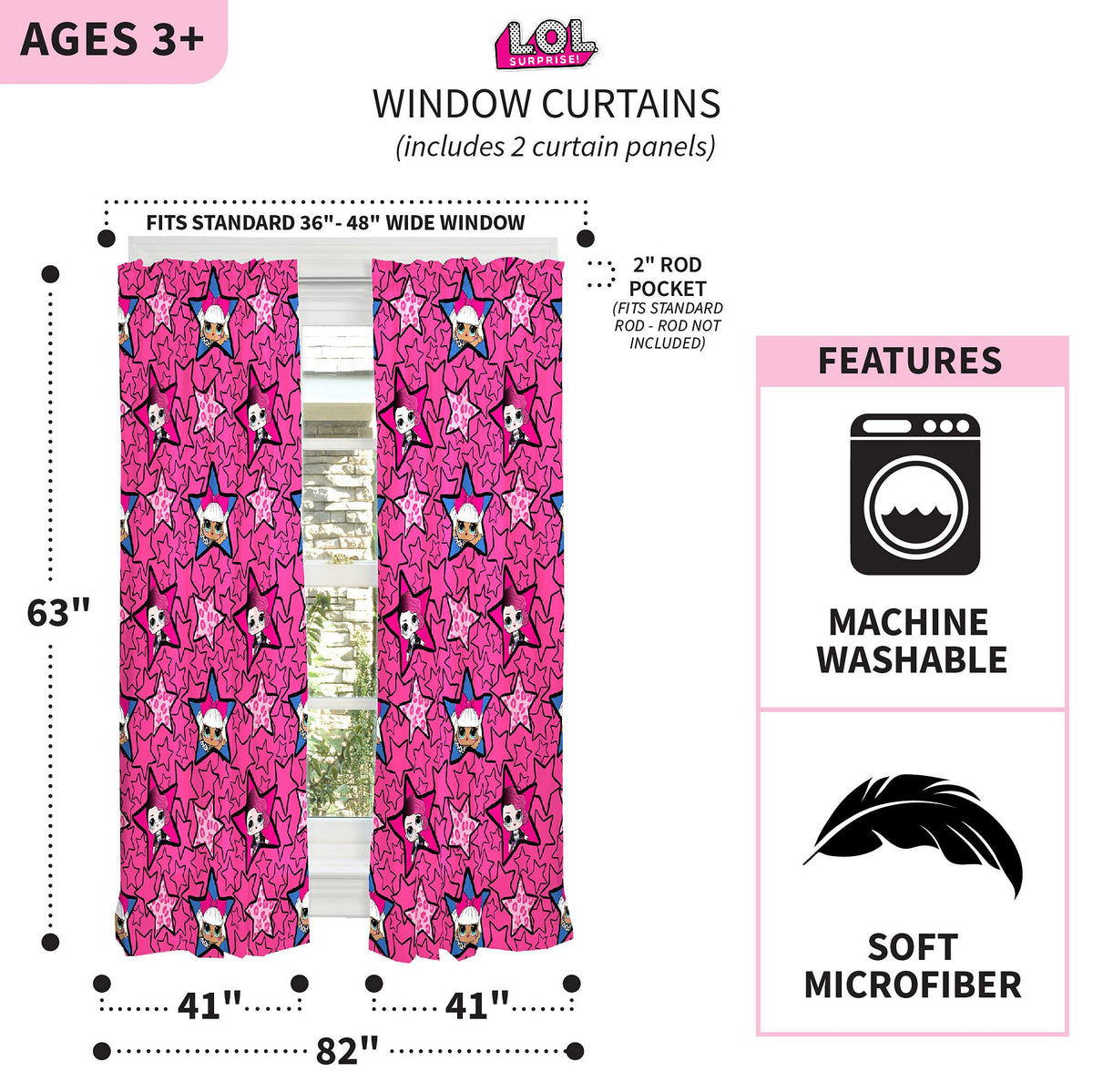 Franco Kids LOL Surprise Window Curtain Panels Drapes Set, 82 in x 63 in