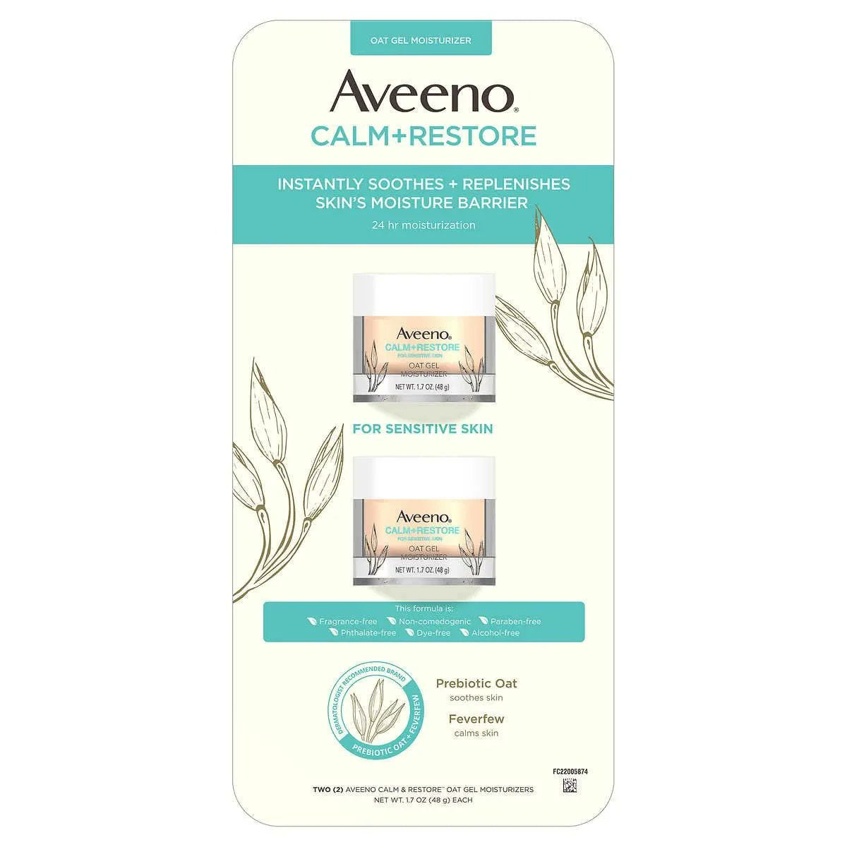 Aveeno Calm + Restore Oat Gel Facial Moisturizer for Sensitive Skin, 1.7 oz (Pack of 2)