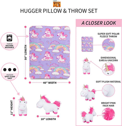 Despicable Me Kids Fluffy The Unicorn Fleece Throw and Character Hugger Pillow Set, 40" x 50"