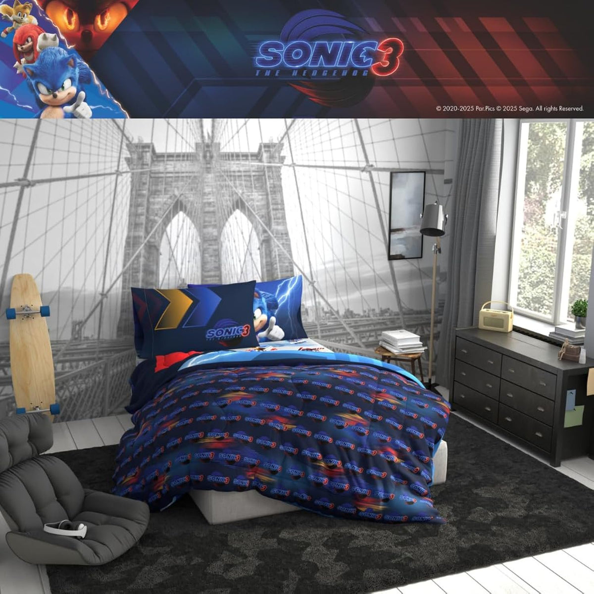 Franco Kids Sonic The Hedgehog 3 Movie Full Comforter and Sheets, 5 Piece Set
