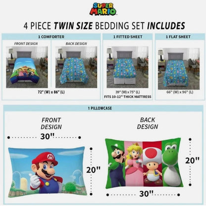 Franco Super Mario Kids Twin Comforter and Sheets Set, All The Players