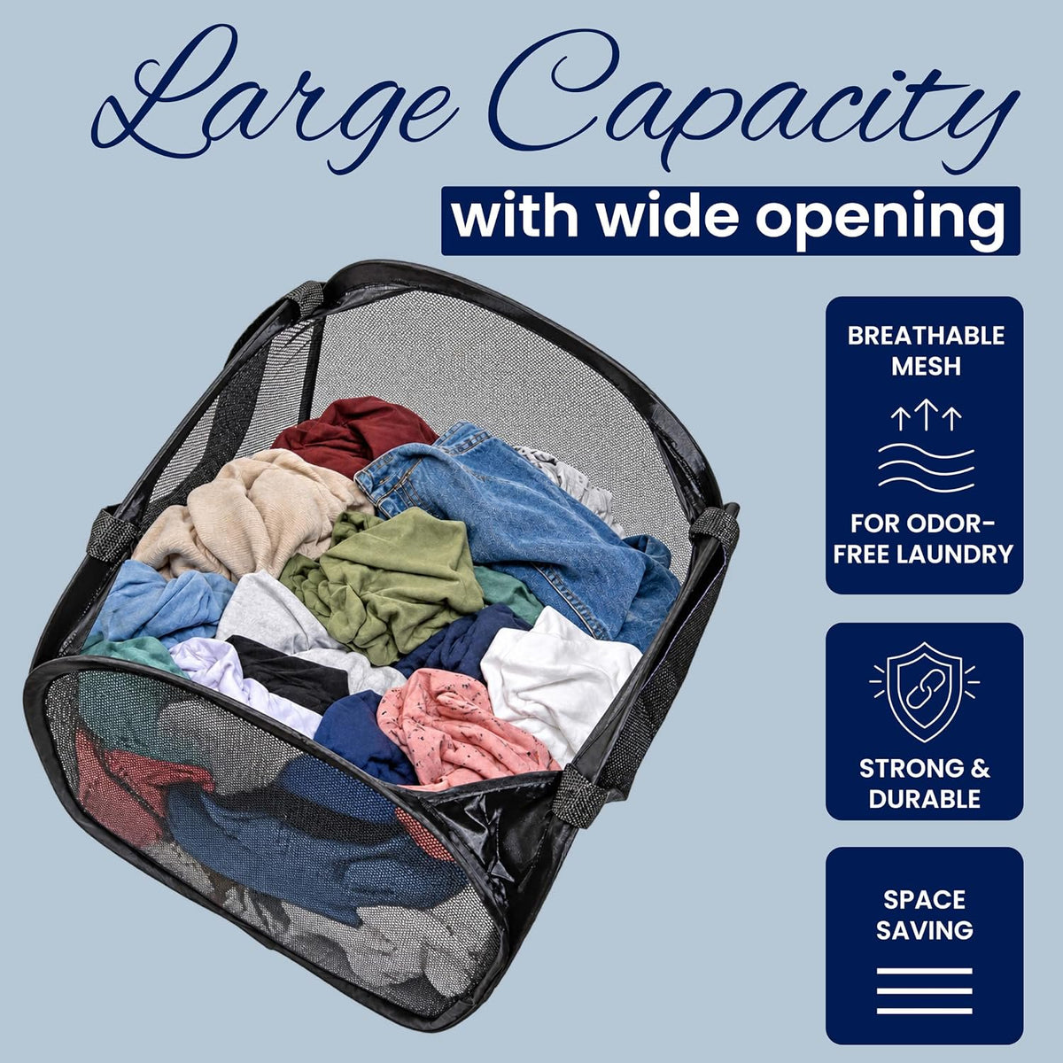Todays Kids Collapsible Mesh Pop-Up Laundry Hamper - Foldable Laundry Basket with Breathable Mesh, Reinforced Handles and Side Pocket