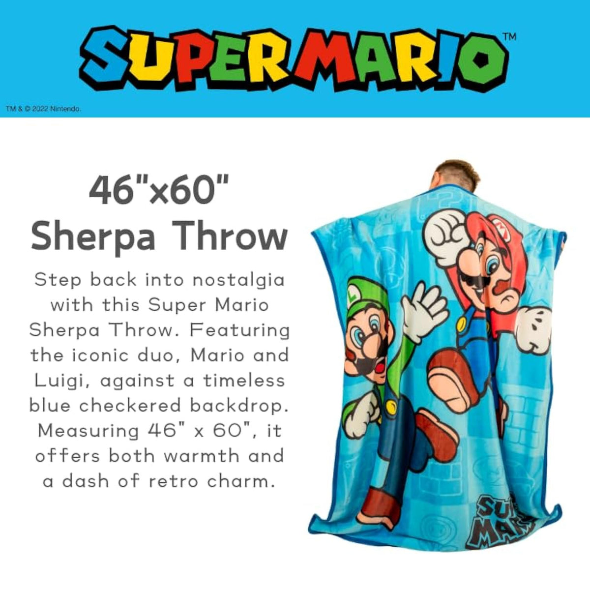 Franco Super Mario Kids Plush Sherpa Blanket Throw, 46 in x 60 in