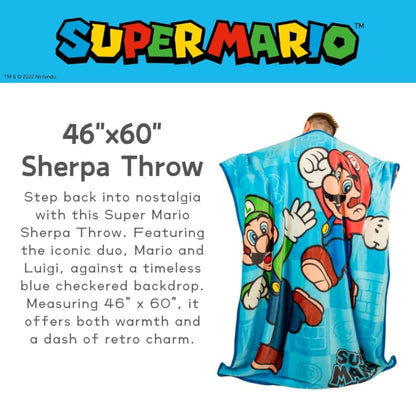 Franco Super Mario Kids Plush Sherpa Blanket Throw, 46 in x 60 in