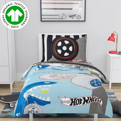 Franco Hot Wheels Kids Premium Organic Cotton 2 Pc Twin Size Duvet Cover with Sham