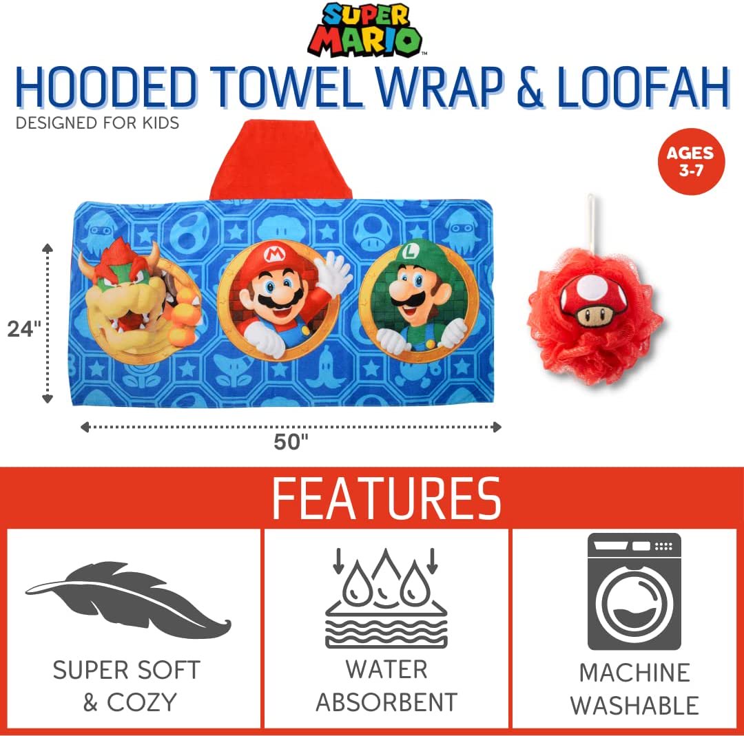 Franco Super Mario Kids Bath/Pool/Beach Soft Cotton Terry Hooded Towel Wrap and loofah Set, 24 in x 50 in