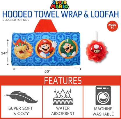 Franco Super Mario Kids Bath/Pool/Beach Soft Cotton Terry Hooded Towel Wrap and loofah Set, 24 in x 50 in