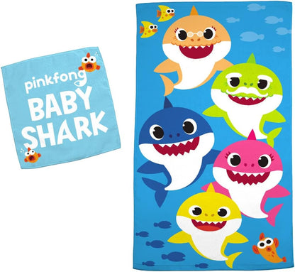 Franco Kids Baby Shark Bath & Beach Soft Cotton Terry Towel & Washcloth Set, 25" x 50"