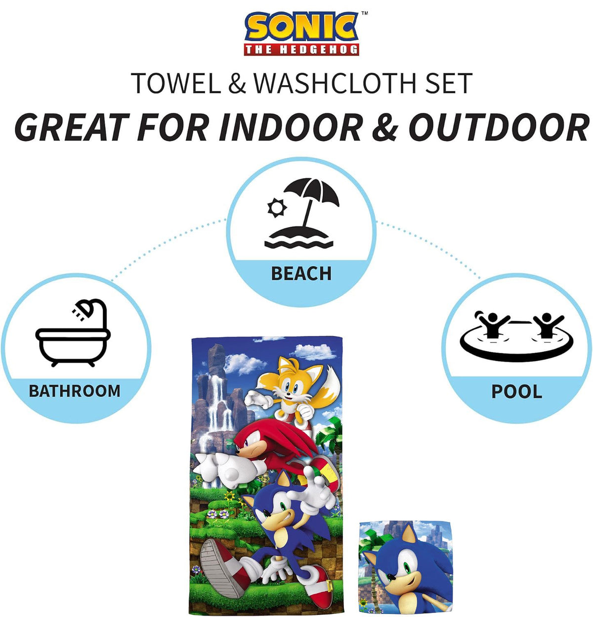 Franco Sonic The Hedgehog Kids Cotton Bath & Beach Towel with Wash Cloth, 2 Piece Set, 50 in x 25 in
