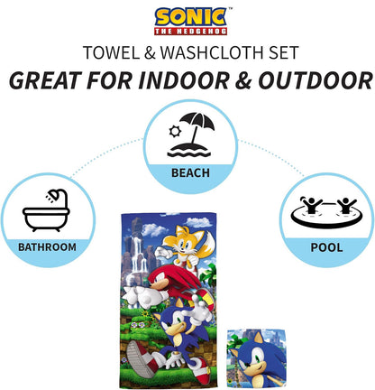 Franco Sonic The Hedgehog Kids Cotton Bath & Beach Towel with Wash Cloth, 2 Piece Set, 50 in x 25 in