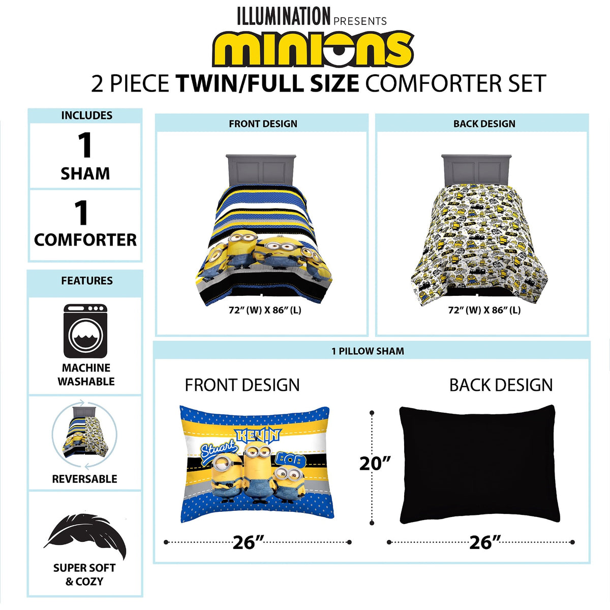Franco Minions Kids Comforter and Sham, 2-Piece Set, Twin/Full