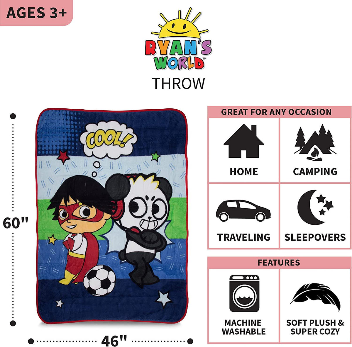 Franco Kids Bedding Soft Plush Micro Raschel Throw, 46 in x 60 in, Ryan's World