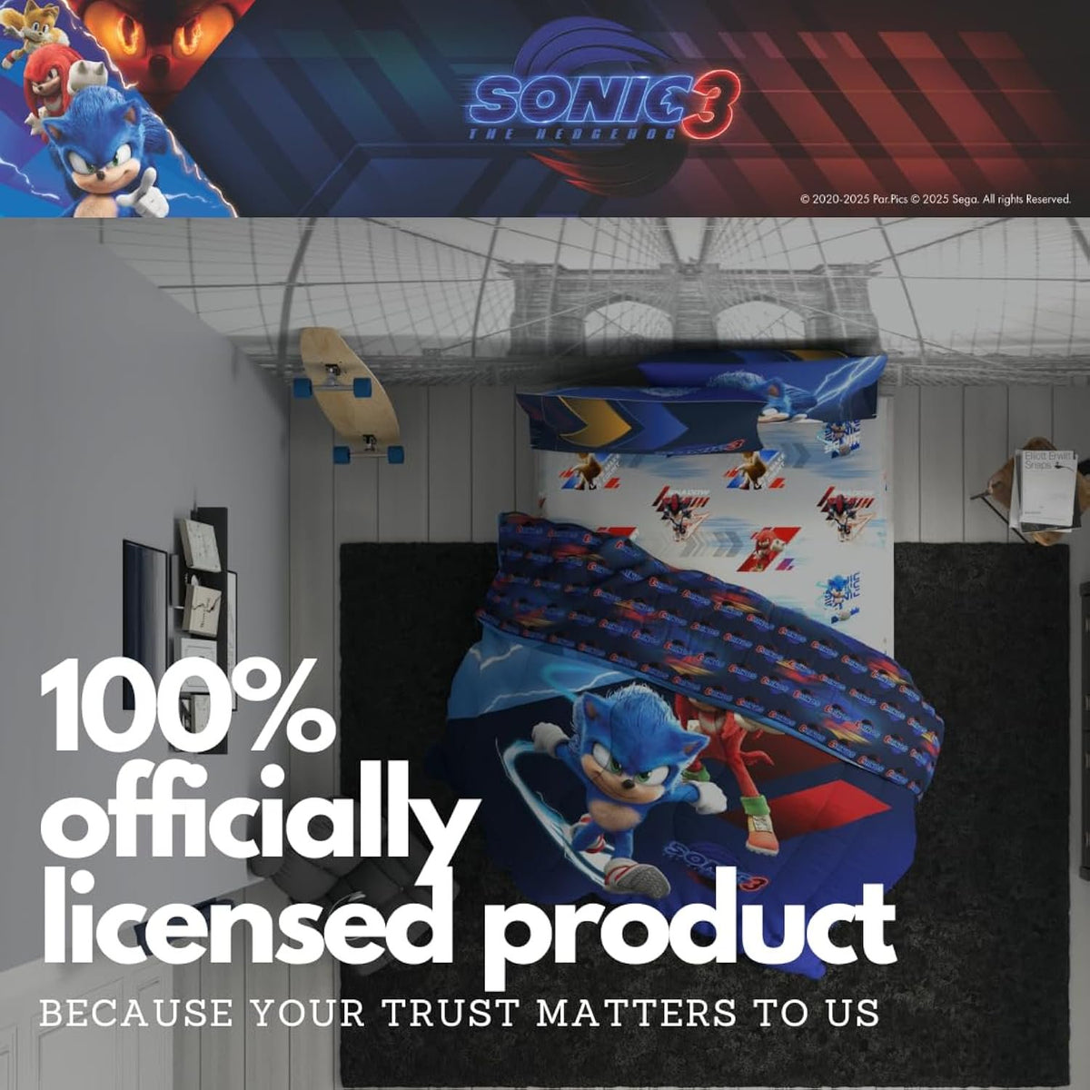 Franco Kids Sonic The Hedgehog 3 Movie Full Comforter and Sheets, 5 Piece Set