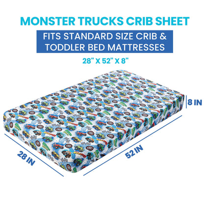 Today's Kids 1-Pack Monster Truck Fitted Baby Crib Sheet Boy - Soft & Breathable Printed Nursery Toddler Bed Sheets for Boys, Elastic Edge with Deep Pockets, Machine Washable, Fits 28" x 52" Mattress