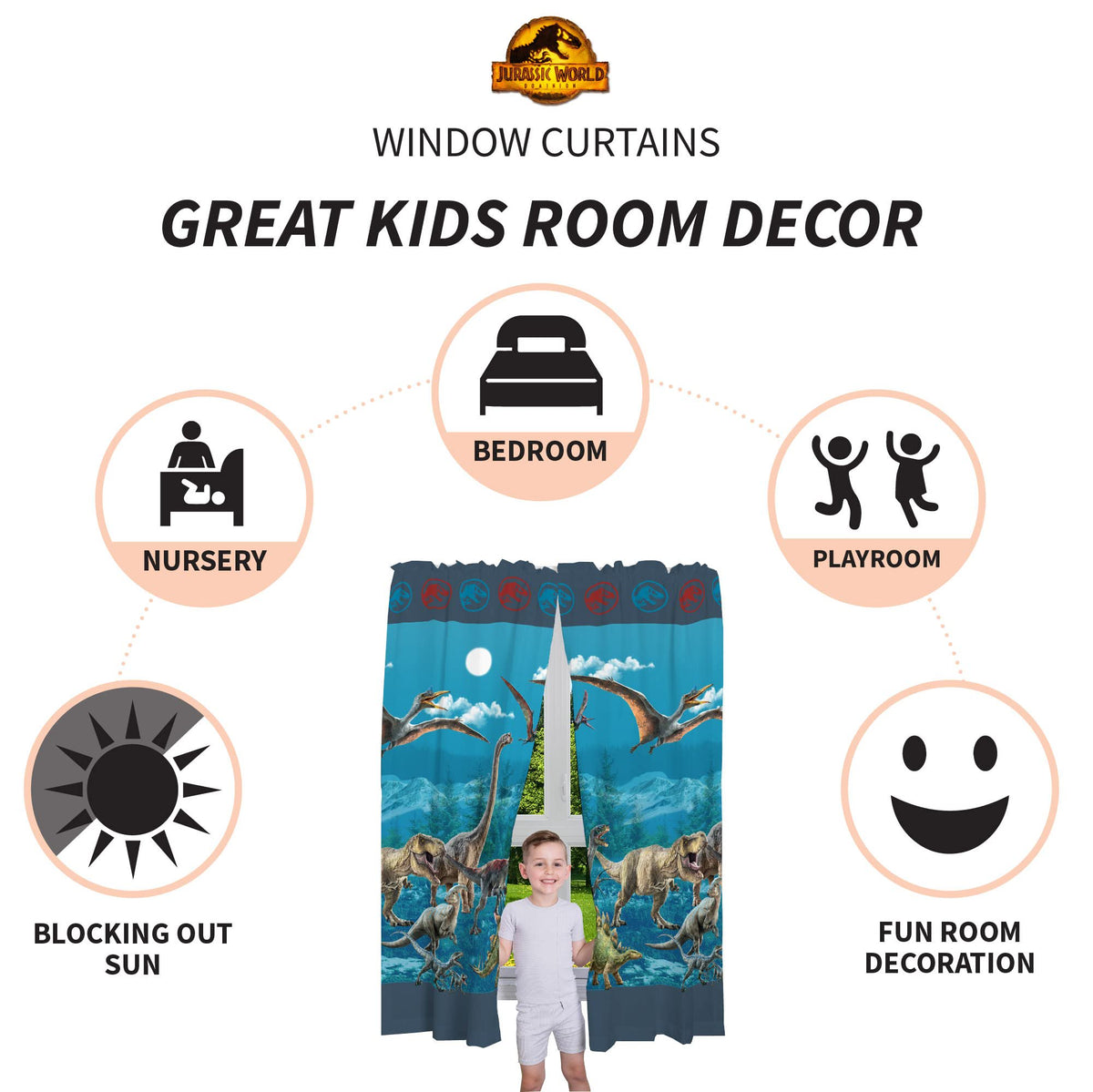 Jurassic World Dominion Kids Room Window Curtain Panels Drapes Set, 82" x 63"