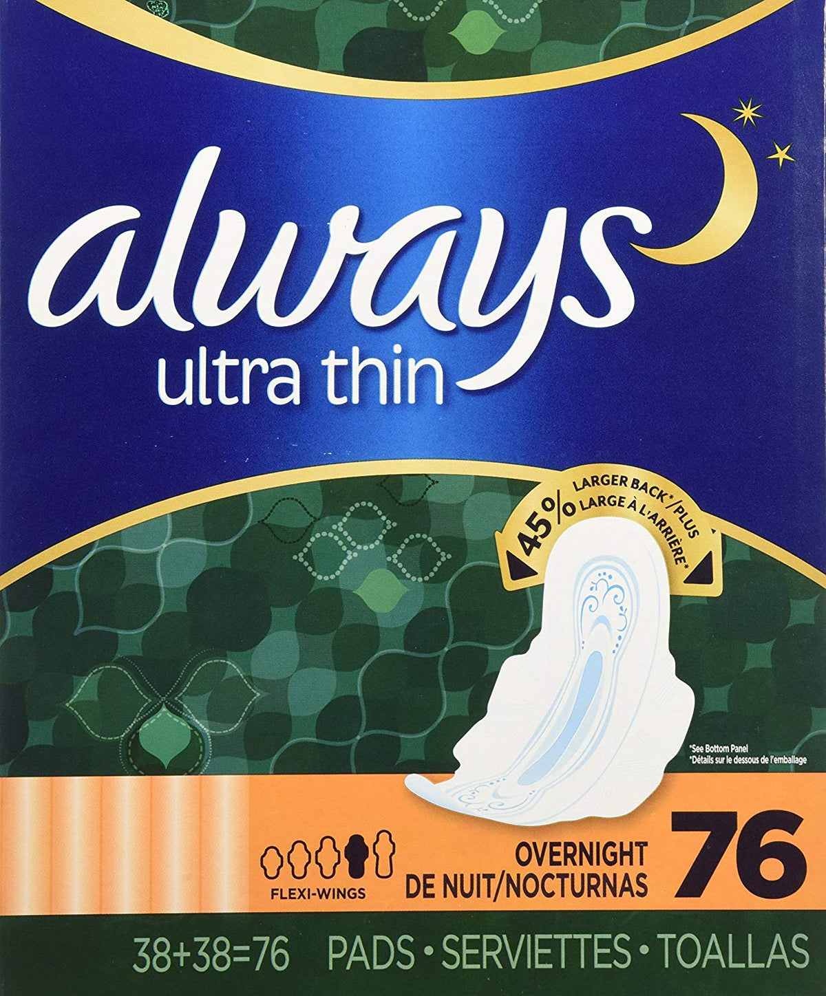 Always Ultra Thin Overnight Pads With Wings, Unscented, 76 Count