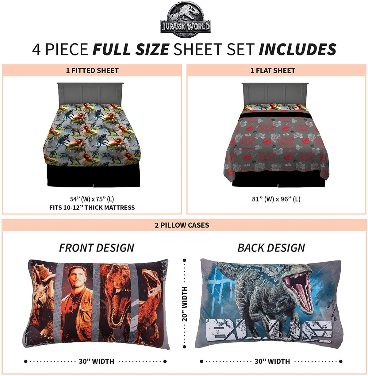 Franco Kids Bedding Super Soft Sheet Set, 4 Piece Full Size, Jurassic World