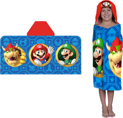 Franco Super Mario Kids Bath/Pool/Beach Soft Cotton Terry Hooded Towel Wrap and loofah Set, 24 in x 50 in