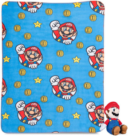Franco Kids Soft Plush Throw and Hugger Pillow Set, 40" x 50", Super Mario