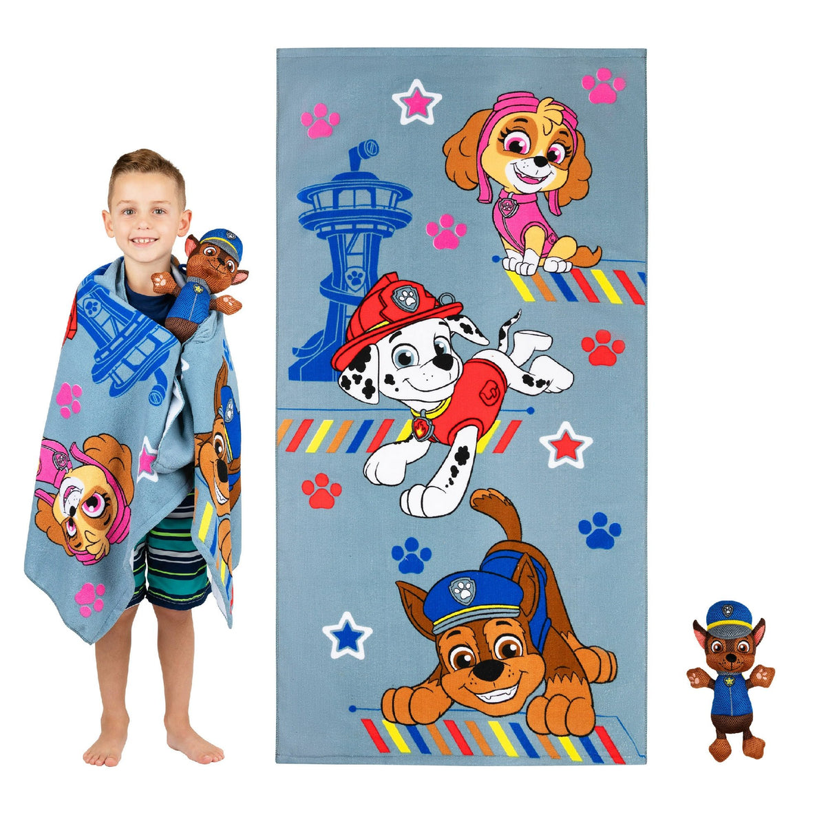 PAW Patrol Kids Chase Towel and Character Scrubby Set, Gray, Nickelodeon